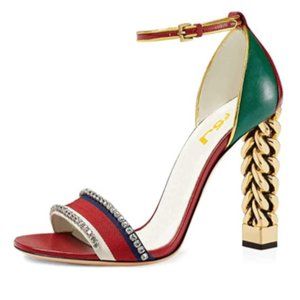 FSJ Gold Metal Chain Chunky Heel Sandals